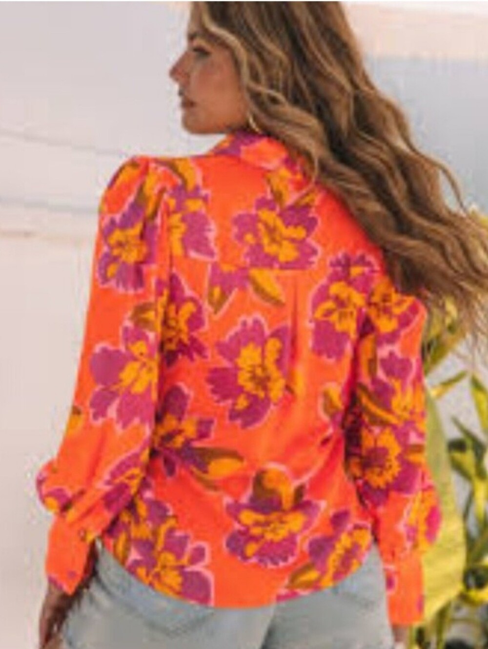 BTFBM Orange Floral Long-Sleeve Women's Blouse
